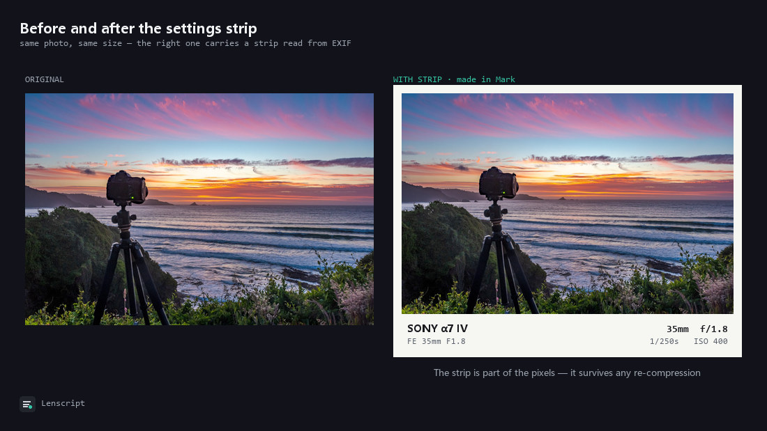 The same seaside sunset twice: the original on the left, and on the right the same frame with a white settings strip underneath