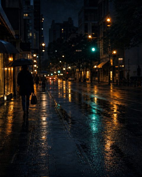 MuseFrame 风格封面：雨夜街道，湿路面映出路灯与信号灯的橙绿光