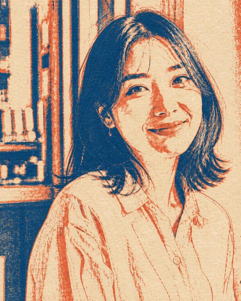 MuseFrame 风格封面：人像的双色印刷质感，蓝与橙叠印在米色纸纹上