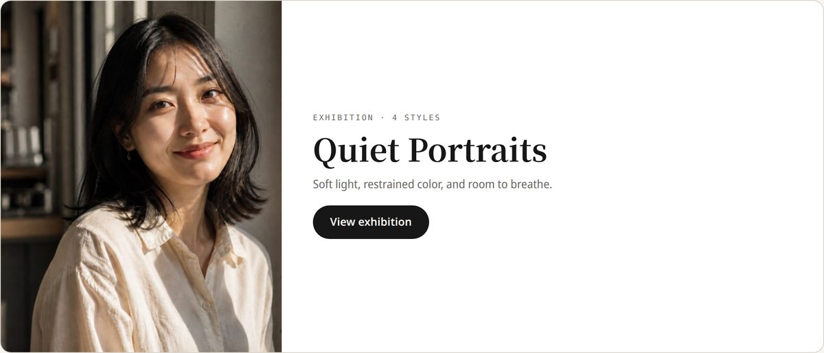 MuseFrame 的策展卡片界面局部：EXHIBITION · 4 STYLES、展名 Quiet Portraits 与 View exhibition 入口
