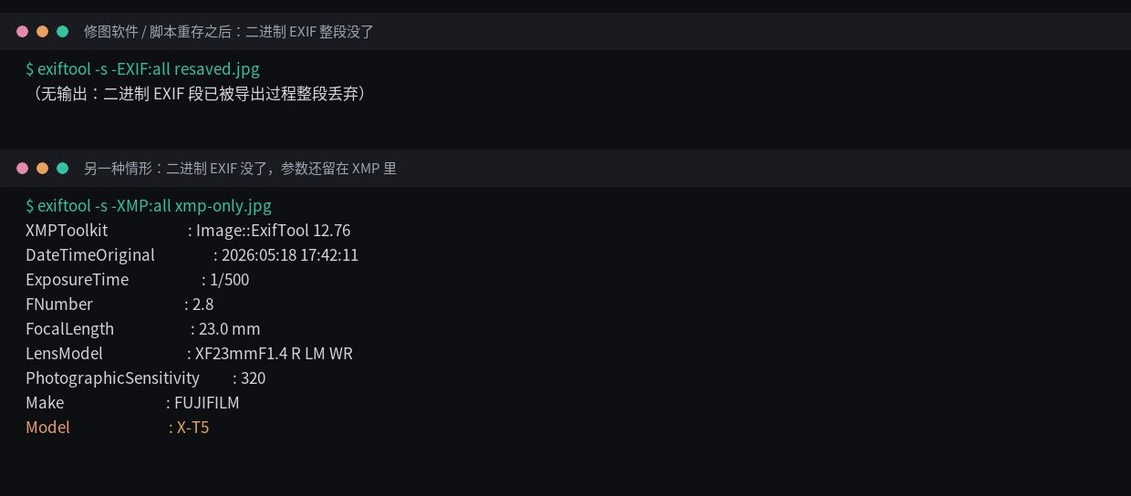 同一张照片的两份导出，一份读得到机型与参数，一份读不到