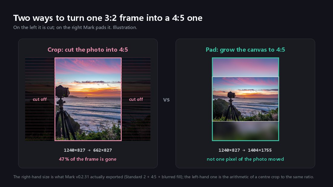 Two panels side by side: on the left a 3:2 frame centre-cropped into a 4:5 window with the darkened sides marked cut off, on the right the canvas grown to 4:5 with the whole photo centred and the gaps filled with a blurred background